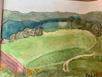 Water painting of a trail in a green field