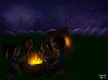 Illustration of people surrounding a campfire