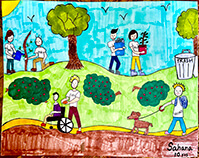 Illustration of people cleaning up at a park volunteering