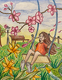 Coloring of a girl on a swing in a field with flowers
