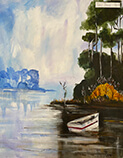 Painting of a boat in the middle of a lake