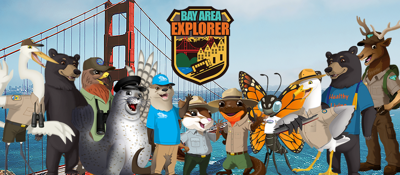 Various Agents of Discovery mascots standing front of the golden gate bridge with a badge advertising the Bay Area Explorer Campaign above them