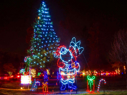 LED silhouette of Santa waving in front of a large Christmas tree
