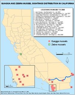 A California map of Quagga and Zebra mussel sightings