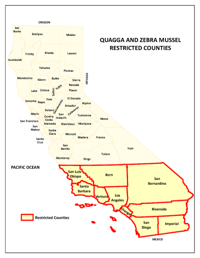 Map of Quagga and Zebra Mussel restricted Counties