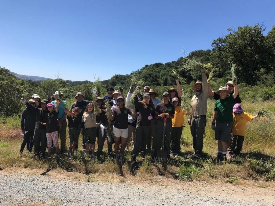 Scout group holding up pulled weeds