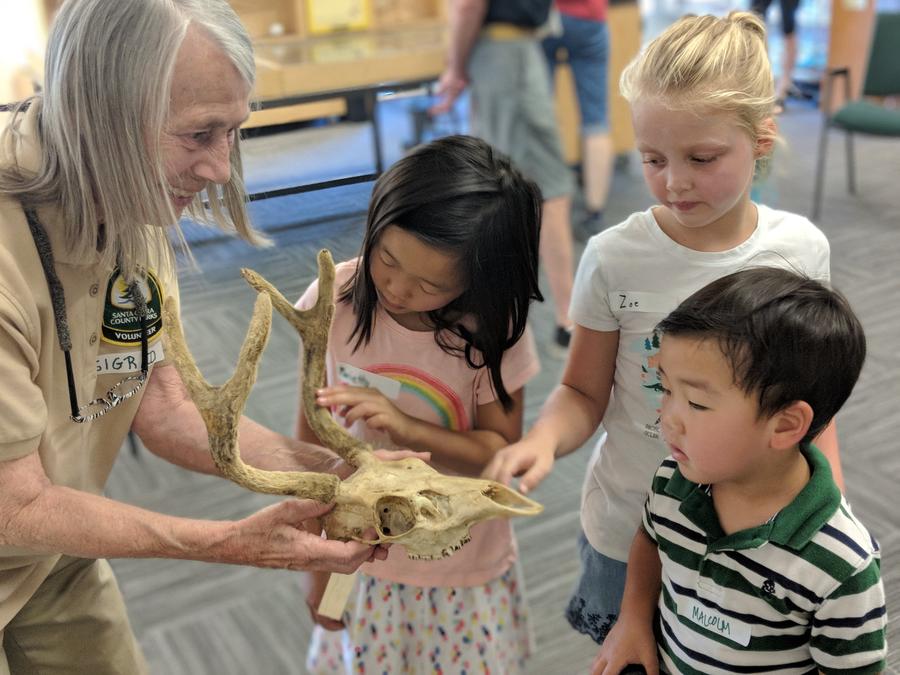 Visitor Center Host with Skull talking to children