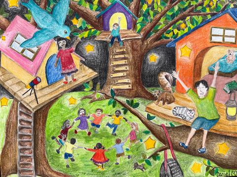 daniel's colorful drawing shows happy people living in open air treehouses. children are playing in a circle on the green grass, there's a tire swing, a bluebird flying next to the tree.