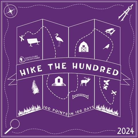 Purple bandana with various scavenger hunt icons including a barn, bench, bird, plants, and deer. 