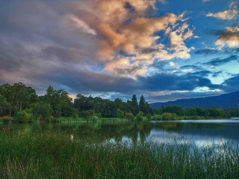 View of Vasona Lake with clouds, trees, and a lake