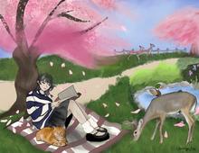 watercolor painting by carolyn of a young girl in a striped sweater reading a book, leaning against a cherry blossom tree. she's sitting on a brown and white checked blanket and an orange tabby cat is lying close to her feet. a deer is feeding on grass near her and is next to a small pond with a mallard duck swimming in it. there's an ivory path behind the girl with two more deer in front of a fence. blue skies and some cherry blossoms are falling from the tree.
