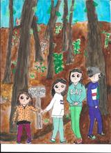 drawing by claire, four children in a forest with wide eyes, trees, plants