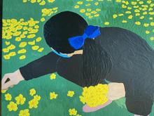 acrylic painting of a girl picking flowers in a field of flowers. the girl is wearing a bright blue ribbon tying back her black hair and she's dressed in black wearing a light blue face mask. she is in profile as she reaches down to pick a yellow flower. the field has lots of flowers among the green grass