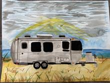 watercolor painting by yuling of an airstream trailer parked along a body of water, with yellow rays of sunshine overhead and grey clouds