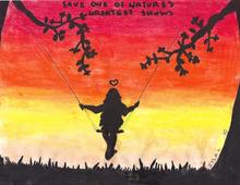 drawing by iyla, child on a swing with a heart sign above head, tree branches in background with an orange and yellow sunset