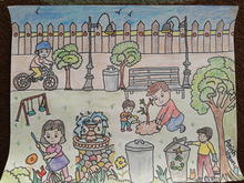 anish's drawing is of a park with children raking, recycling, biking, planting and watering trees. there are flowers, trees, a playground set, water fountain