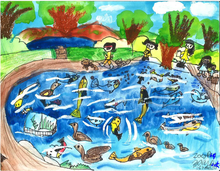 zoe's colorful drawing features a lake with fish, ducks, plants in blue water. children and a dog on leash are around the edge of the lake and the background has trees, blue skies and white fluffy clouds