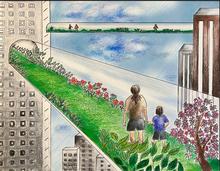 kayli's colorful drawing shows two skyscrapers with two tube between them. the larger tube shows a person and child walking through a tube filled with plants and a blossoming tree. the second tube shows three people walking a similar path. there are other skyscrapers that look like apartments with a blue sky and clouds as the background.