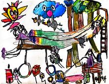 blaire's colorful drawing of flowers, children, playset, hammock, blue cloud, cart with two wheels