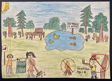 veeksha's drawing of various activities at a park, no tree chopping, lake with ducks with sign saying no trash in water, trees, flowers, child raking grass, ,child throwing trash in trash can, no smoking sign