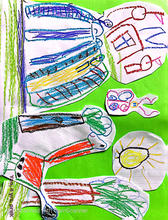 yao's colorful drawing of abstract images of a tree, person, giraffe, home, maybe an insect
