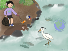 ella's colorful digital drawing shows a girl picking up trash next to a body of water and she's wearing a purple sweatshirt that says keeping our county parks clean and healthy text wrapped around a globe. fish are in the water as well as the globe and parks quote. there's an apple core and aluminum can on the ground near her.
